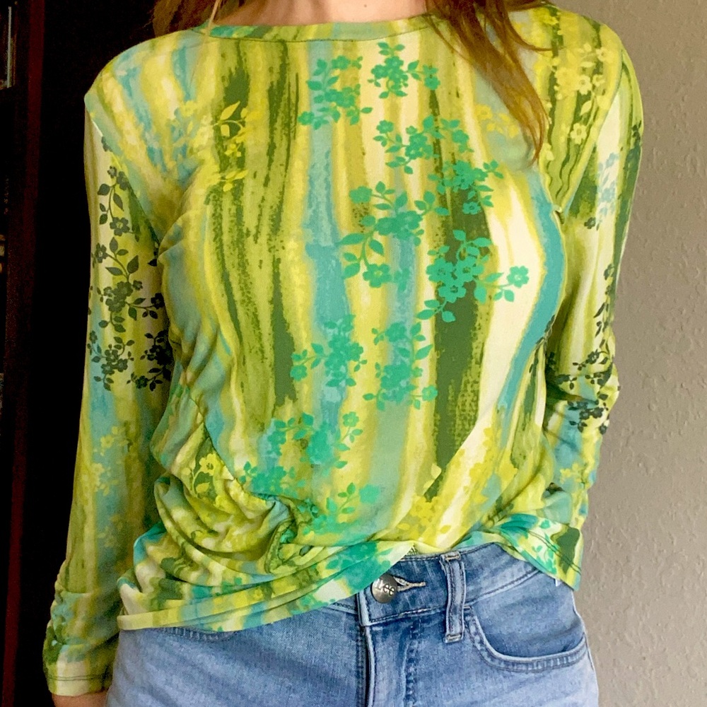 LOGO Layers by Lori Goldstein Printed Mesh Crew Neck Top